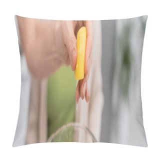 Personality  Cropped View Of Woman Squeezing Lemon Above Blender In Kitchen, Banner  Pillow Covers