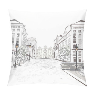 Personality  Series Of Street Views In The Old City. Hand Drawn Vector Architectural Background With Historic Buildings. Pillow Covers