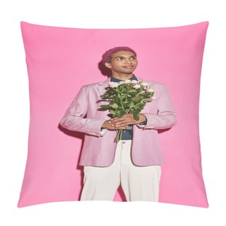 Personality  Good Looking Male Model With Pink Hair With Rose Bouquet In Hands Looking Away On Pink Backdrop Pillow Covers