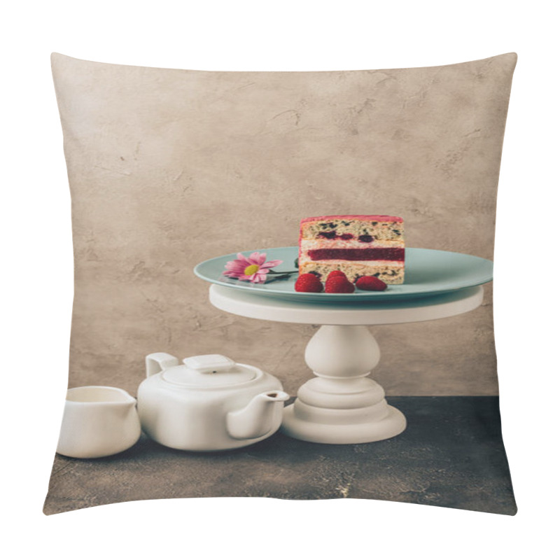 Personality  sweet tasty cake with raspberries and flower and kettle with porcelain jug pillow covers