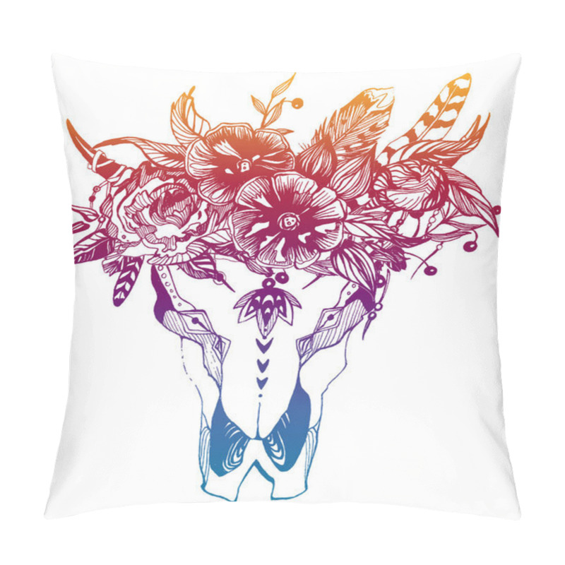 Personality  Cow, buffalo, bull skull in tribal style with flowers. Bohemian, boho vector illustration. Wild and free ethnic gypsy symbol. pillow covers