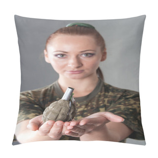 Personality  Closeup Portrait Of A Young Pretty Female Model Holding Out Mockup Grenade Pillow Covers
