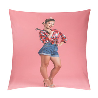 Personality  Photo Of Amazing Young Pin-up Woman Isolated Over Pink Background Wall Holding Wrench. Pillow Covers