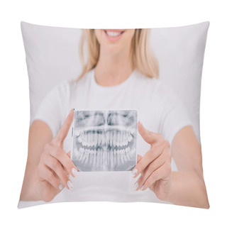 Personality  Cropped View Of Woman In T-shirt Holding Teeth X-ray Isolated On White Pillow Covers