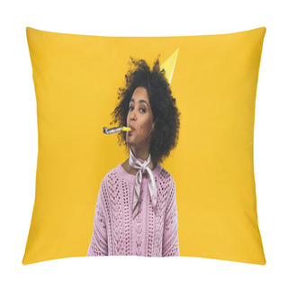 Personality  African American Woman In Party Cap Blowing Party Horn Isolated On Yellow Pillow Covers