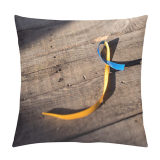 Personality  Blue And Yellow Ribbon On Wooden Background For Down Syndrome Day Background Pillow Covers