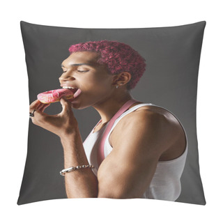Personality  Handsome African American Man With Pink Hair And Suspenders Eating Tasty Donut, Fashion And Style Pillow Covers