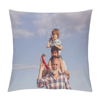 Personality Happy Grandfather Father And Grandson With Toy Paper Airplane Over Blue Sky And Clouds Background. Three Men Generation. Kids Playing With Simple Paper Planes On Sunny Day. Pillow Covers