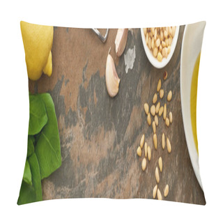 Personality  Top View Of Pesto Sauce Ingredients And Grater On Stone Surface, Panoramic Shot Pillow Covers