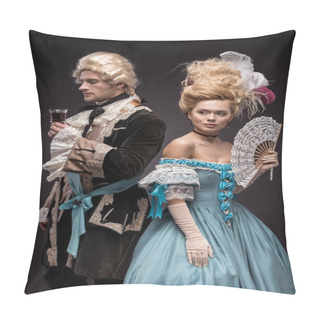 Personality  Handsome Man With Wine Glass Near Victorian Woman In Wig Holding Fan On Black  Pillow Covers