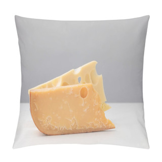 Personality  Close Up View Of Parmesan And Maasdam Cheese On Gray Pillow Covers