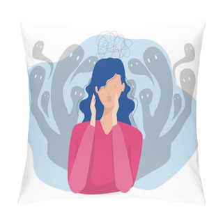 Personality  Fear Attack Concept; Girl Sitting On Floor And Struggling With Inner Fears And Psychological Disorders Problems With Mental Health And Psychology.; Phobia Cartoon Flat Vector Illustration Pillow Covers