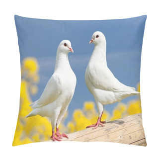 Personality  Two White Pigeons On Perch With Yellow Flowering Background Pillow Covers
