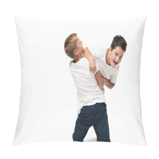 Personality  Two Brothers Having Fun While Imitating Fighting Isolated On White Pillow Covers