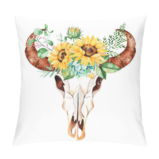 Personality  Watercolor Bull Skull Head With Sunflowers Pillow Covers