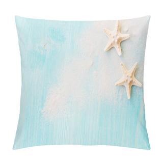 Personality  Two Starfishes And White Sea Sand Are On The Background Of Blue Faded Wooden Deck. Marine Concept Pillow Covers