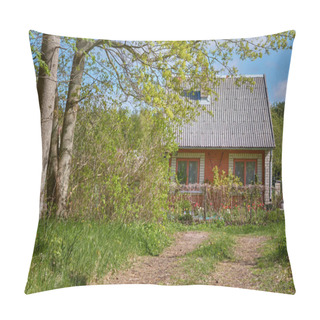 Personality Red Brick House. Village. Forest Lawn, Garden. Spring Landscape. Idyllic Rural Scene. Traditional Architecture, Vacations, Remote Places, Downshifting, Lifestyle Themes Pillow Covers