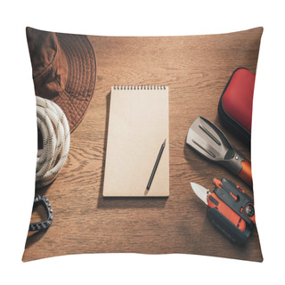 Personality  Top View Of Blank Notepad With Pencil And Trekking And Hiking Items On Wooden Table Pillow Covers