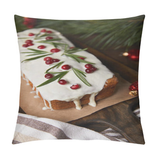 Personality  Selective Focus Of Traditional Christmas Cake With Cranberry Near Pine Branch And Napkin Pillow Covers