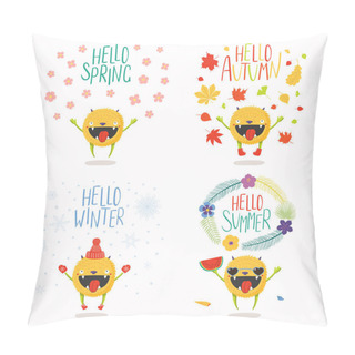 Personality  Set Of Hand Drawn Little Monsters In Summer, Autumn, Winter, Spring, With Text Pillow Covers