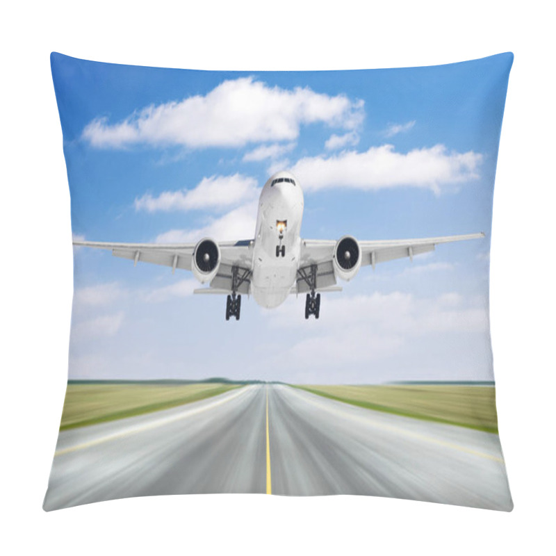 Personality  Big airplane aircraft flying departure landing speed motion on a runway in the good weather with cumulus clouds sky day. pillow covers