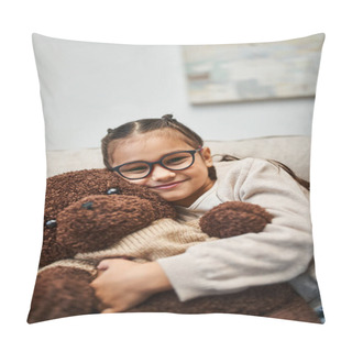 Personality  Joyful Girl In Casual Wear And Eyeglasses Hugging Soft Teddy Bear And Sitting On Sofa In Living Room Pillow Covers