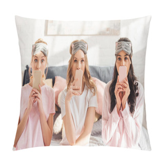 Personality  Beautiful Multicultural Girls In Sleeping Masks Sitting On Bed And Covering Mouths With Smartphones During Pajama Party Pillow Covers