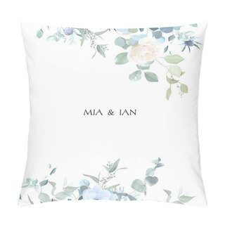 Personality  Creamy Beige Rose, Anemone, Dusty Blue Thistles, Eucalyptus, Greenery, Juniper, Brunia Vector Design Frame Pillow Covers