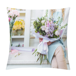 Personality  Cropped View Of Female Florist Sitting On Counter And Holding Bouquet With Lilac And Roses In Flower Shop Pillow Covers