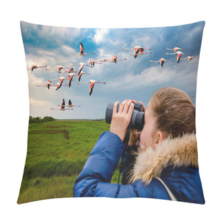 Personality  Young Girl Watching Flamingos Through Binoculars Against The Background Of The Nature. Observation Of Birds. Birdwatching Pillow Covers