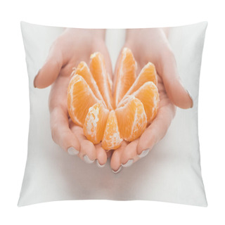 Personality  Cropped View Of Woman Holding Ripe Orange Tangerine Slices Arranged In Circle On White Background Pillow Covers