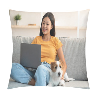 Personality  Loyal Dog Resting By Its Female Owner Using Laptop Pillow Covers