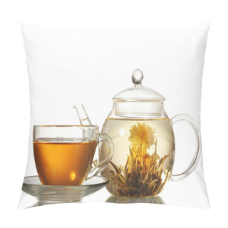 Personality  Exotic Green Tea With Flowers In Glass Teapot And Cup Isolated On White Pillow Covers