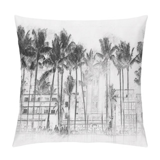 Personality  Miami Beach Ocean Drive Hotels And Restaurants At Sunset. City Skyline With Palm Trees At Night. Art Deco Nightlife On The South Beach Pillow Covers