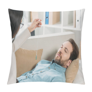 Personality  Young Woman With Pendulum Hypnotising Bearded Man With Closed Eyes Lying On Couch Pillow Covers