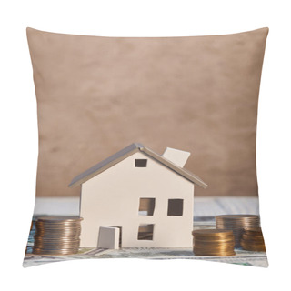 Personality  House Model On Dollar Banknotes Near Coins, Real Estate Concept Pillow Covers