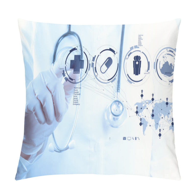 Personality  Medicine doctor hand working with modern computer interface pillow covers