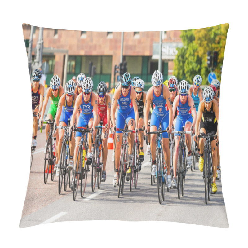 Personality  STOCKHOLM - AUG, 24: The second of the groups of woman cyclists in the Womens ITU World Triathlon Series event Aug 24, 2013 in Stockholm, Sweden pillow covers