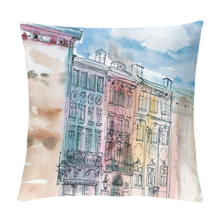 Personality  Drawing Watercolor Cityscape House Old Street With Balcony Pillow Covers