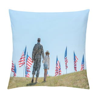 Personality  Back View Of Father In Military Uniform Holding Hands With Daughter Near American Flags  Pillow Covers