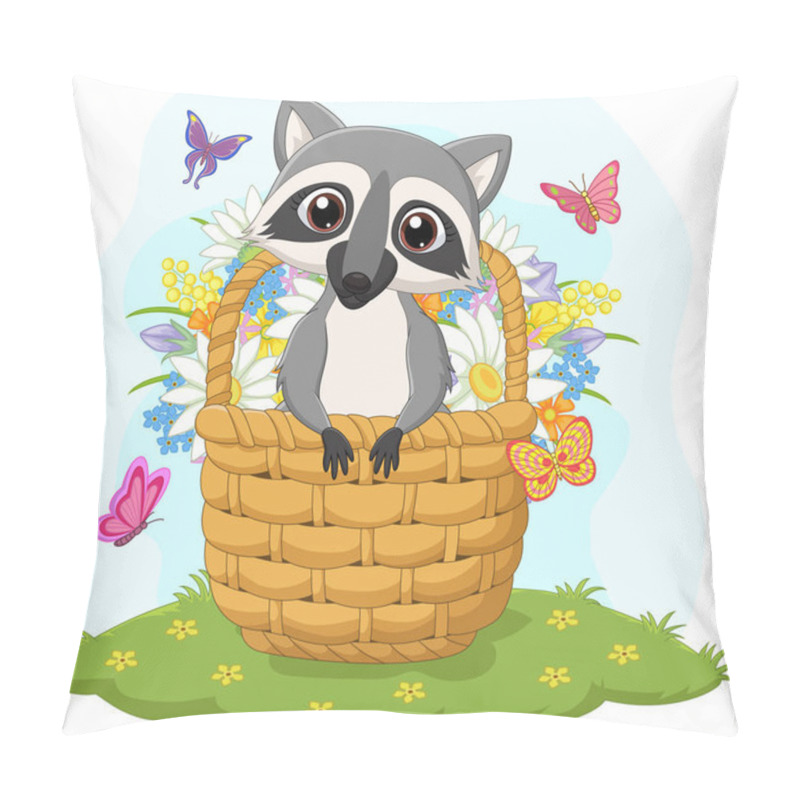 Personality  Vector illustration of Cartoon funny raccoon in the basket pillow covers