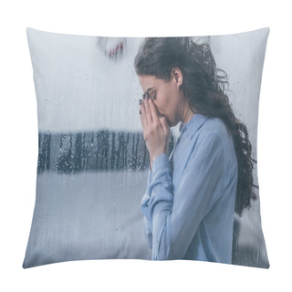 Personality  Depressed Woman Covering Face With Hands And Crying At Home Through Window With Raindrops And Copy Space Pillow Covers