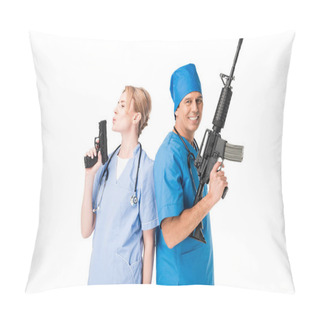 Personality  Smiling Male Doctor And Nurse With Guns Isolated On White Pillow Covers