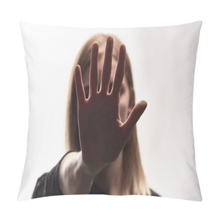 Personality  Selective Focus Of Victim Of Bullying Showing Stop Sign Isolated On White Pillow Covers