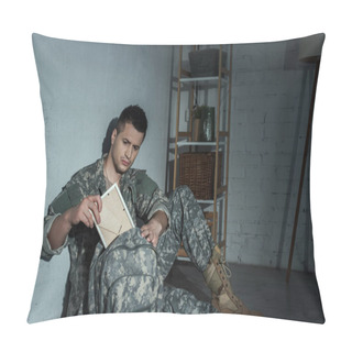 Personality  Military Veteran With Emotional Distress Taking Photo Frame From Backpack At Night  Pillow Covers