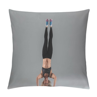 Personality  Full Length Portrait Of A Muscular Sportswoman Standing Upside Down Pillow Covers