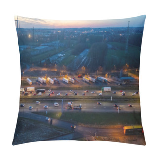 Personality  This Evening Image Offers A View Of The E19 Highway Near Halle, As The Days Light Diminishes And The Flow Of Transit Comes Alive With The Glow Of Headlights. A Truck Stop Can Be Seen On The Right Pillow Covers