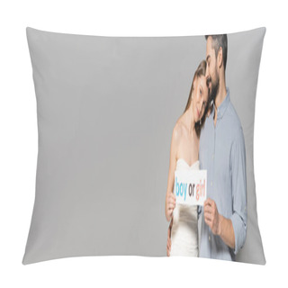 Personality  Positive And Bearded Man Hugging Stylish Pregnant Wife While Holding Card With Boy Or Girl Lettering During Gender Reveal Surprise Party Isolated On Grey, Banner With Copy Space  Pillow Covers