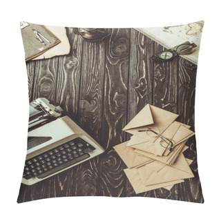 Personality  Flat Lay With Typing Machine, Map, Compass, Eyeglasses And Blank Envelopes On Dark Wooden Surface Pillow Covers