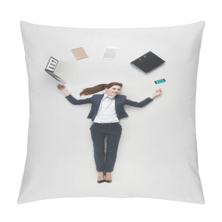 Personality  Overhead View Of Businesswoman With Various Office Supplies Using Laptop Isolated On Grey Pillow Covers